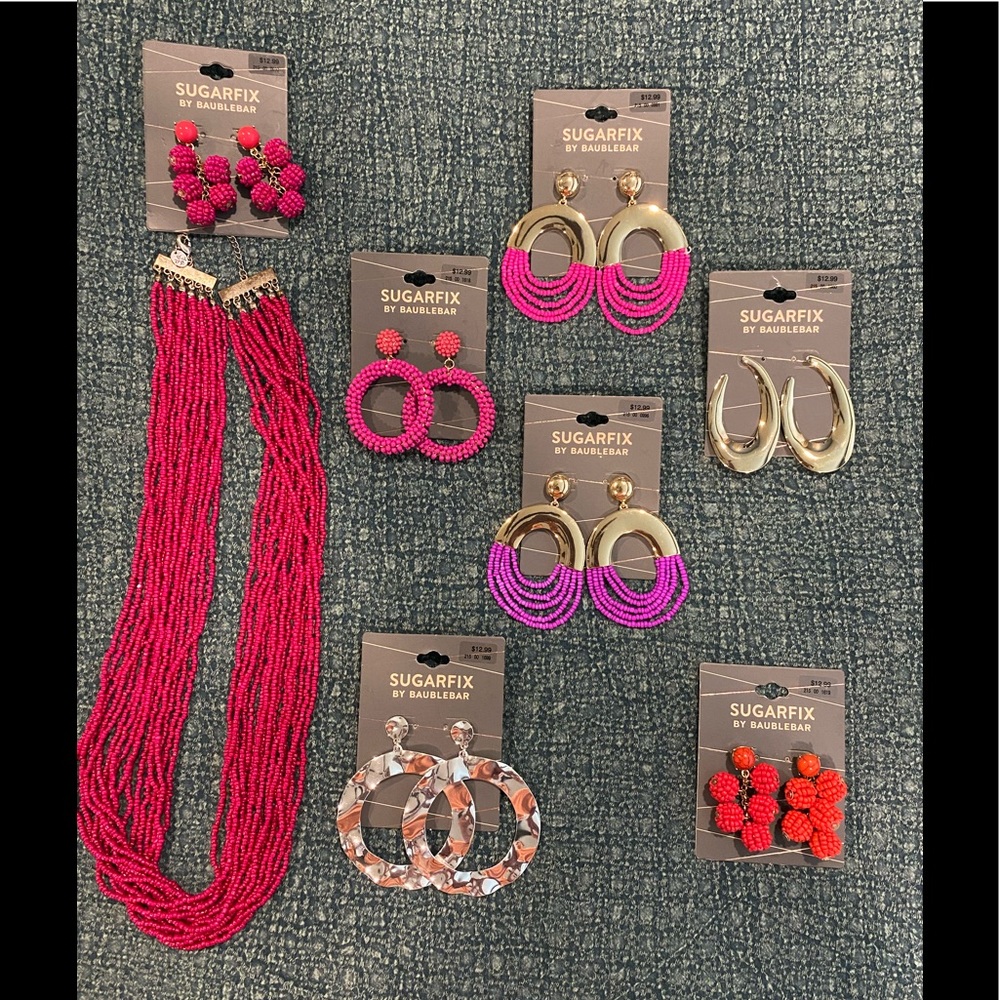 BaubleBar earrings and seed bead necklace